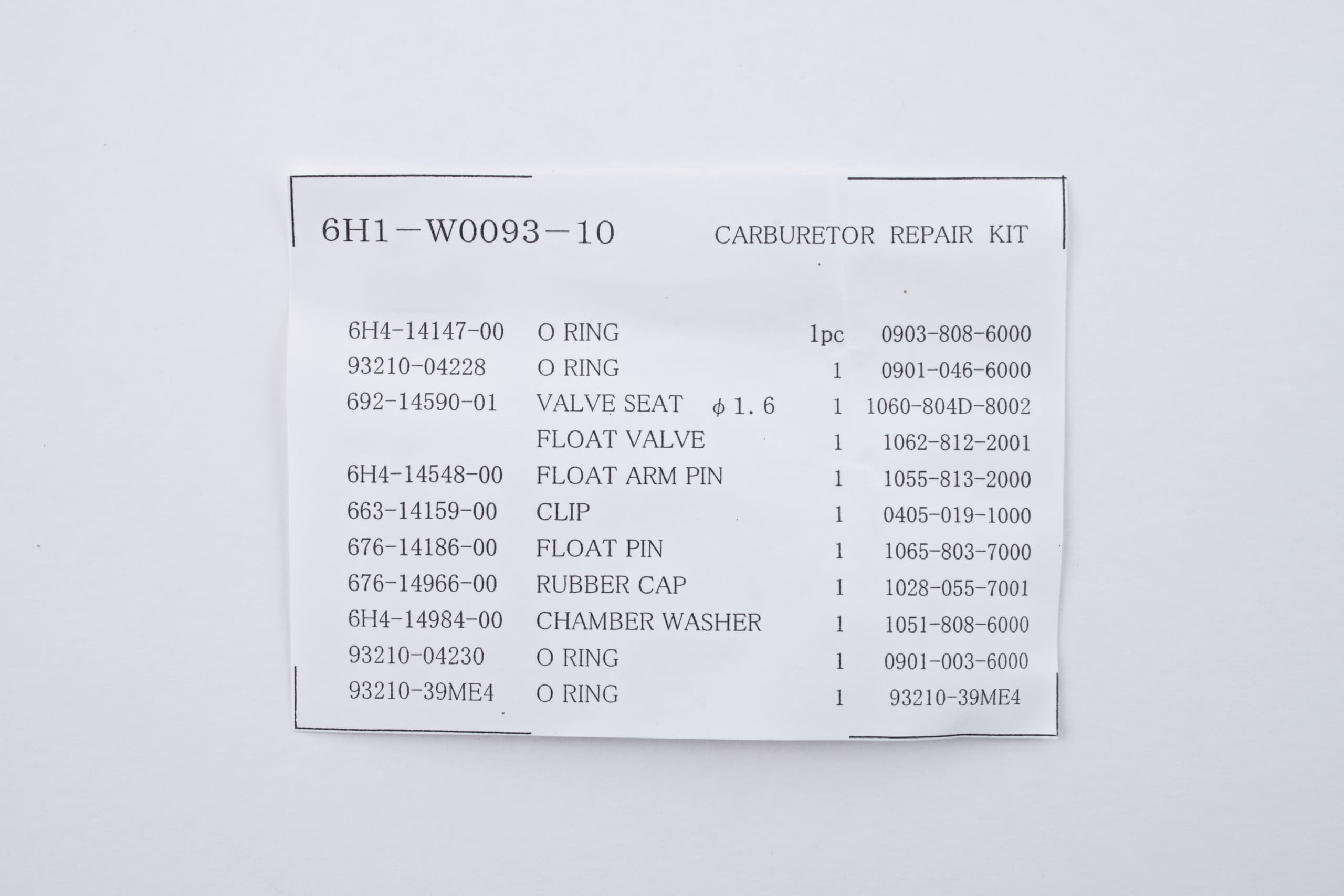 Yamaha 90T B90 C90 P75 Carburetor Repair Kit- 6H1-W0093-10-00 — product photograph